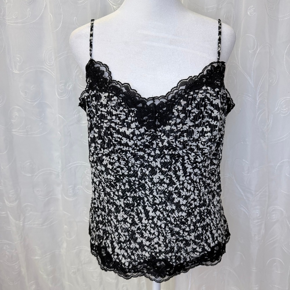 Ann Taylor 100% Silk Lace Trim Camisole Top Black White Floral Size 14